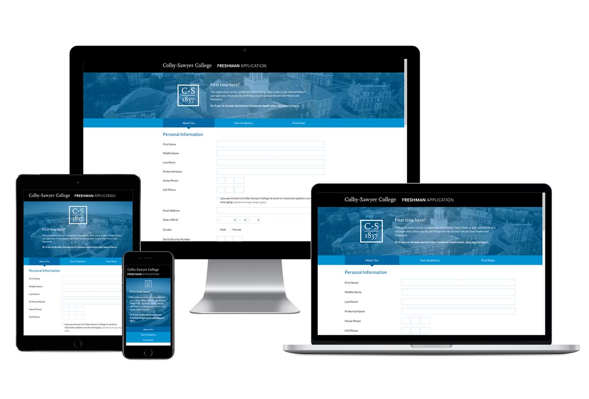 Colby Sawyer college application site mocked up on different devices