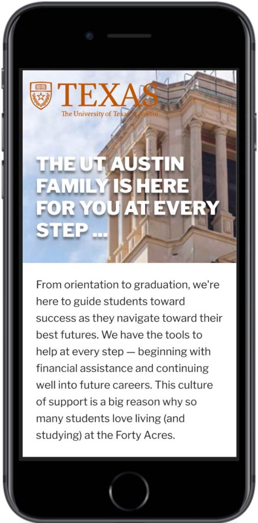 University of Texas at Austin microsite mobile view 1