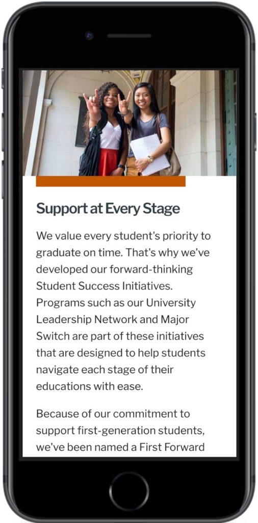 University of Texas at Austin microsite mobile view 2