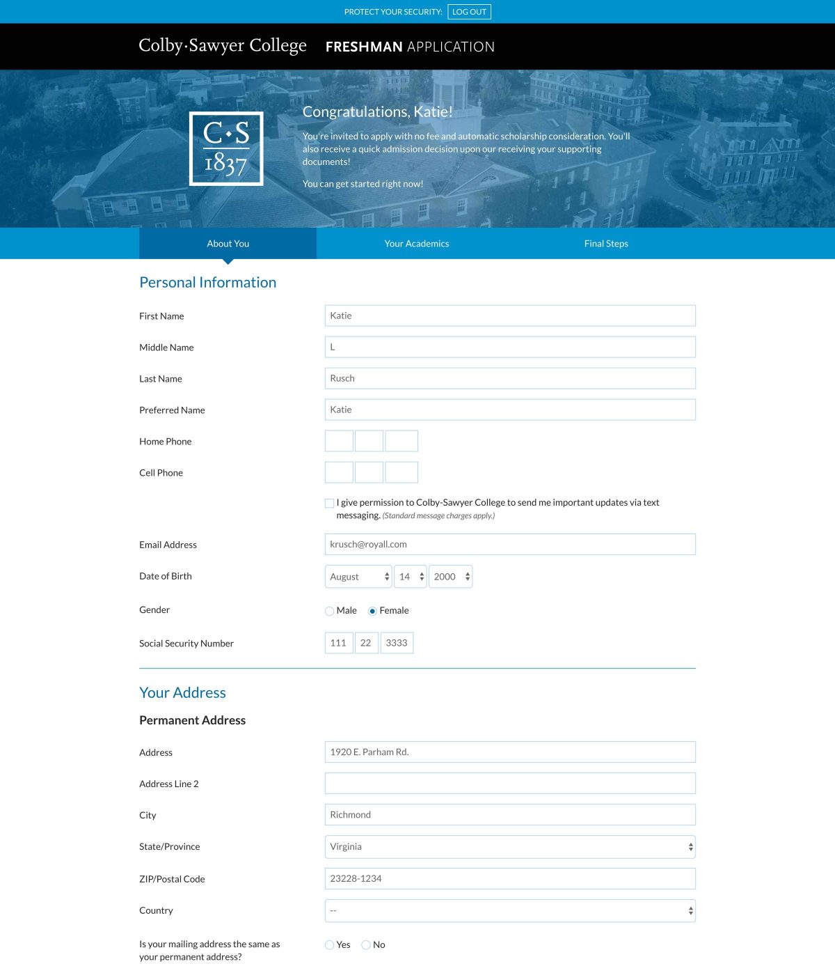 Colby-Sawyer College Application About You page
