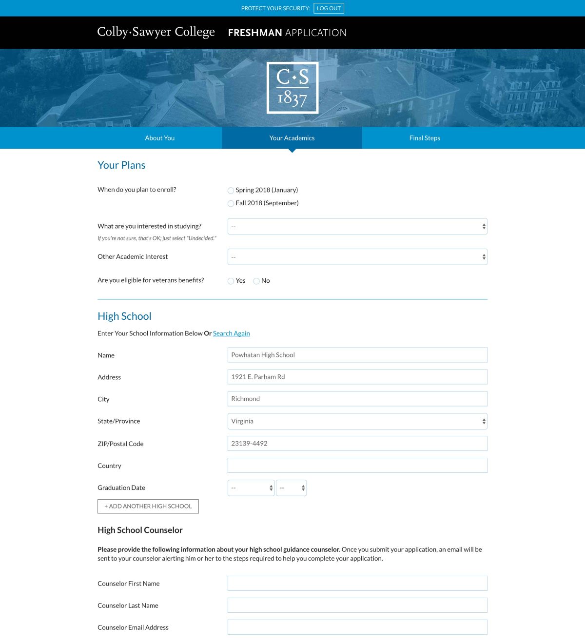 Colby-Sawyer College Application Your Academics page