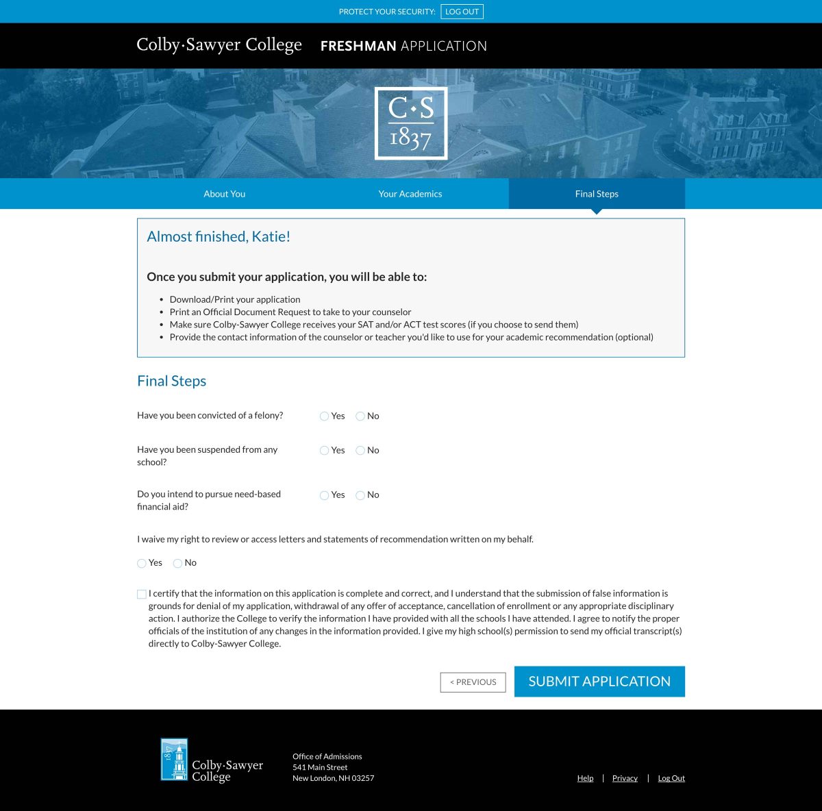 Colby-Sawyer College Application Final Steps page