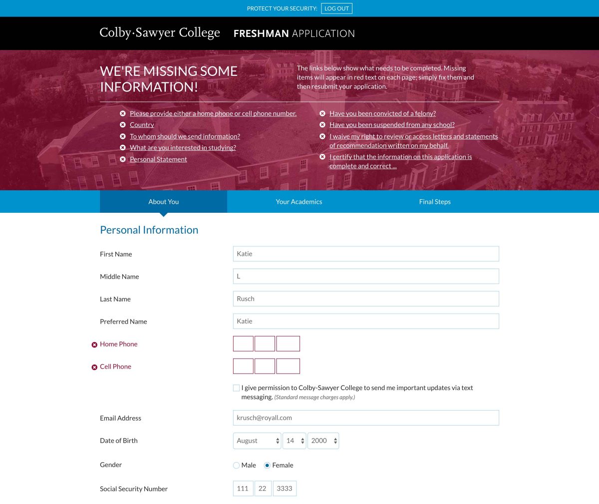 Colby-Sawyer College error validation mode