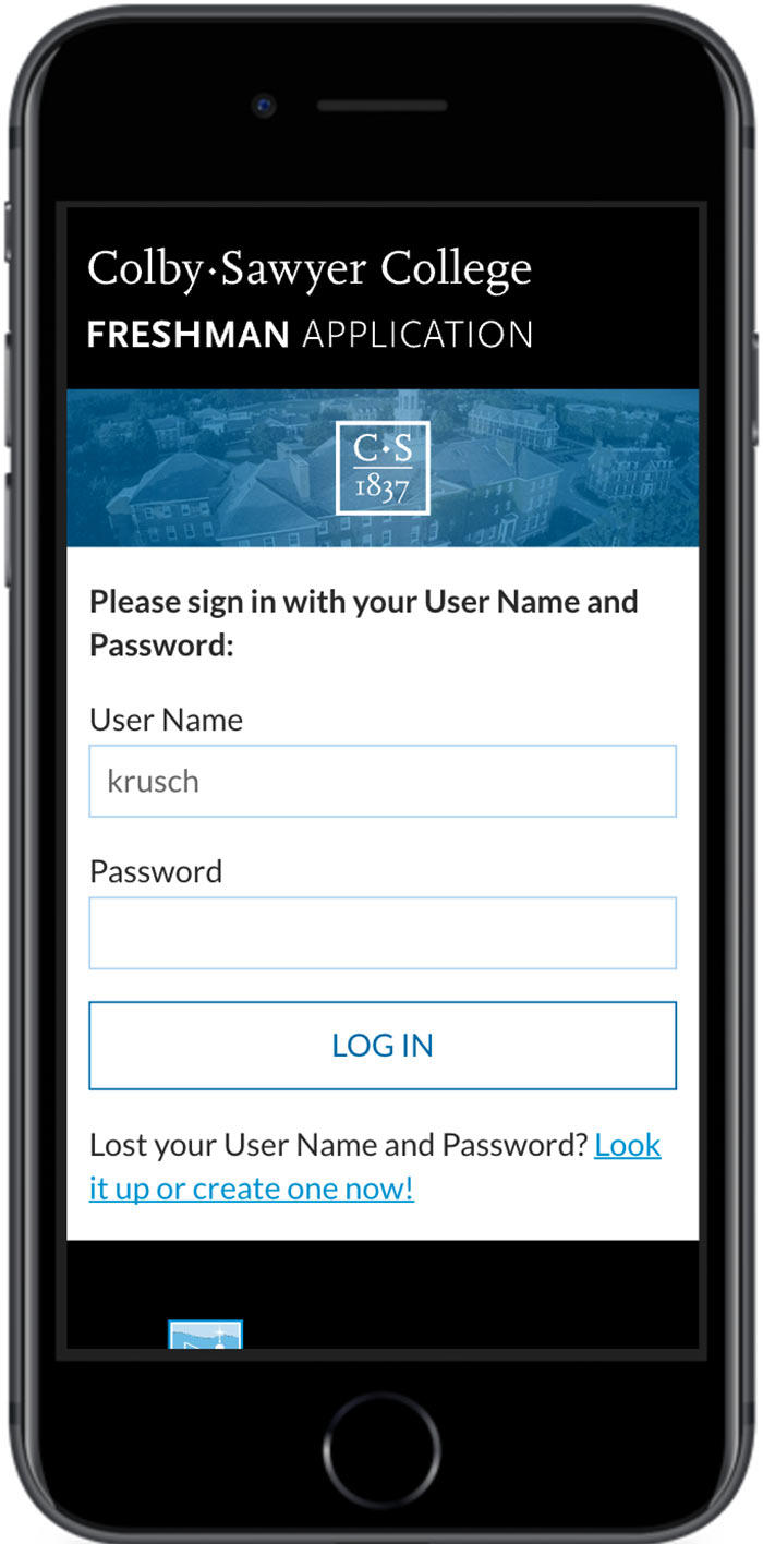 Colby-Sawyer College Application login page mobile view