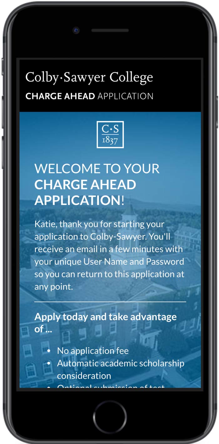 Colby-Sawyer College Application welcome mobile view