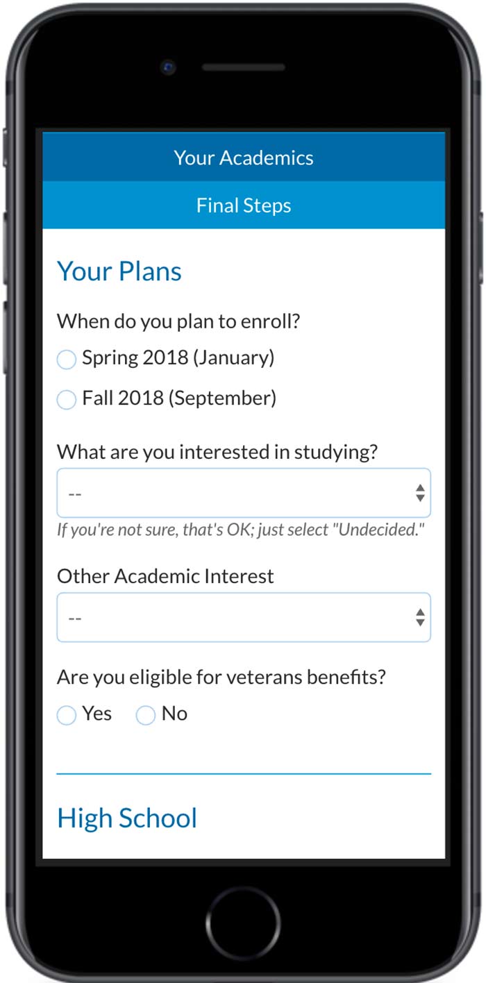 Colby-Sawyer College Application your academics page mobile view