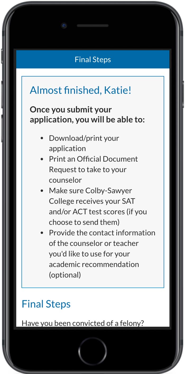 Colby-Sawyer College Application almost finished mobile view