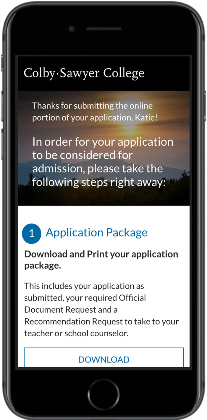 Colby-Sawyer College Application Completion Page step one mobile view