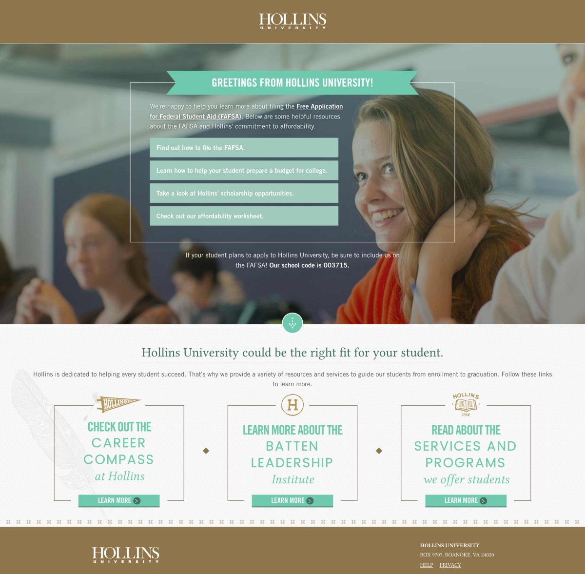Hollins University Application Digital Marketing affordability page