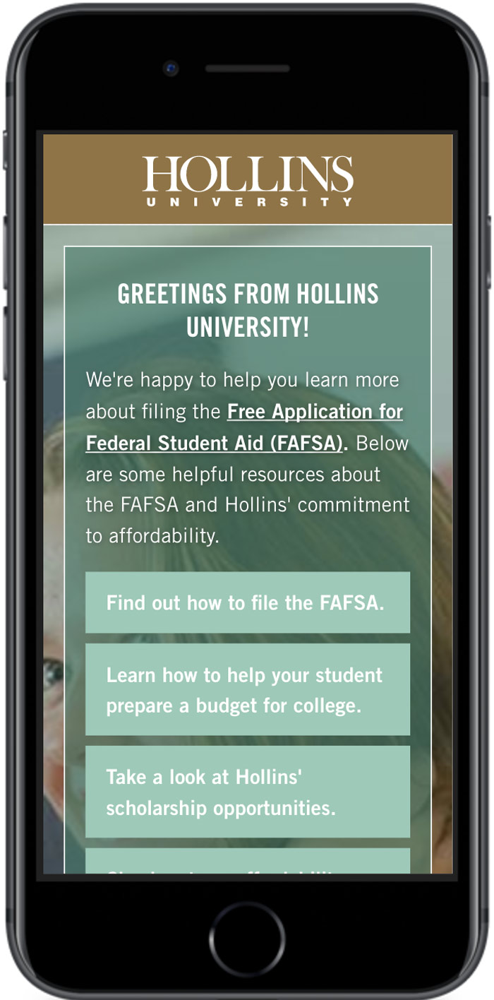 Hollins University Application Digital Marketing affordability page mobile view 1
