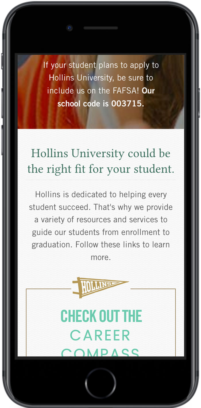 Hollins University Application Digital Marketing affordability page mobile view 2