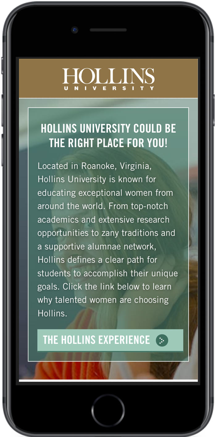 Hollins University Application Digital Marketing learn more page mobile view 1