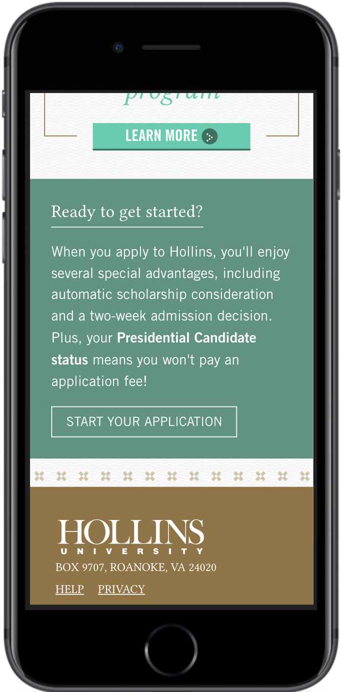 Hollins University Application Digital Marketing learn more page mobile view 3