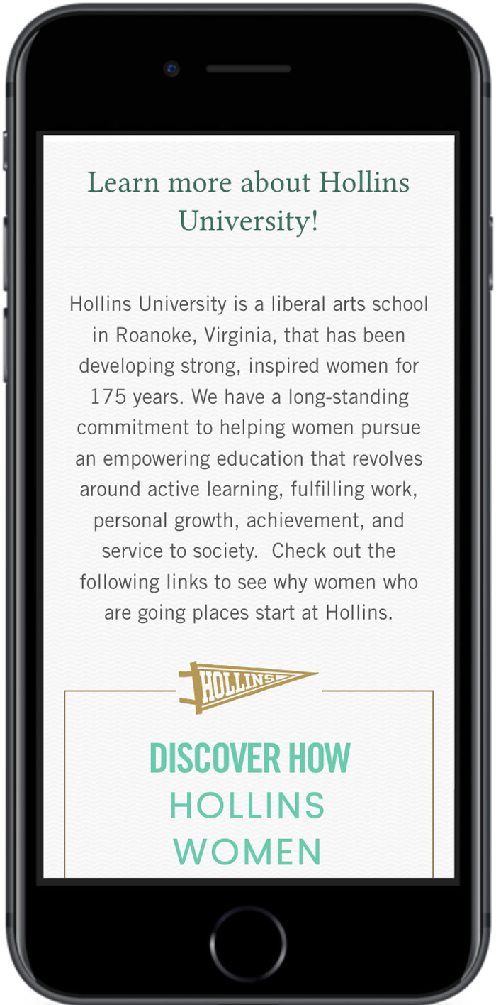 Hollins University Search Digital Marketing visit page mobile view 2