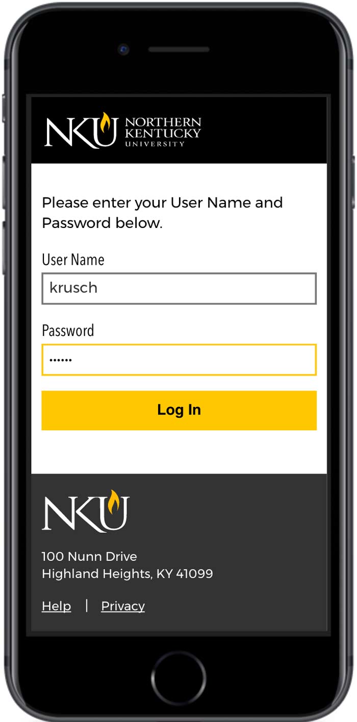 Northern Kentucky University Search login page mobile view