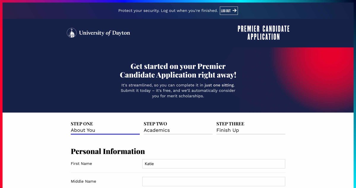 University of Dayton Application About You page - top