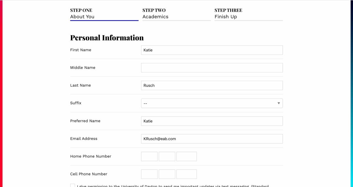 University of Dayton Application About You page - questions