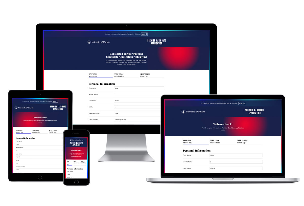 University of Dayton Application device mockups