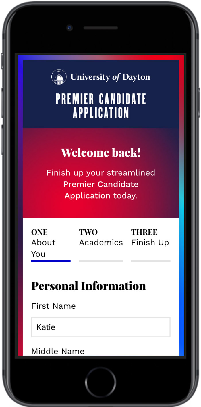 University of Dayton Application welcome mobile view