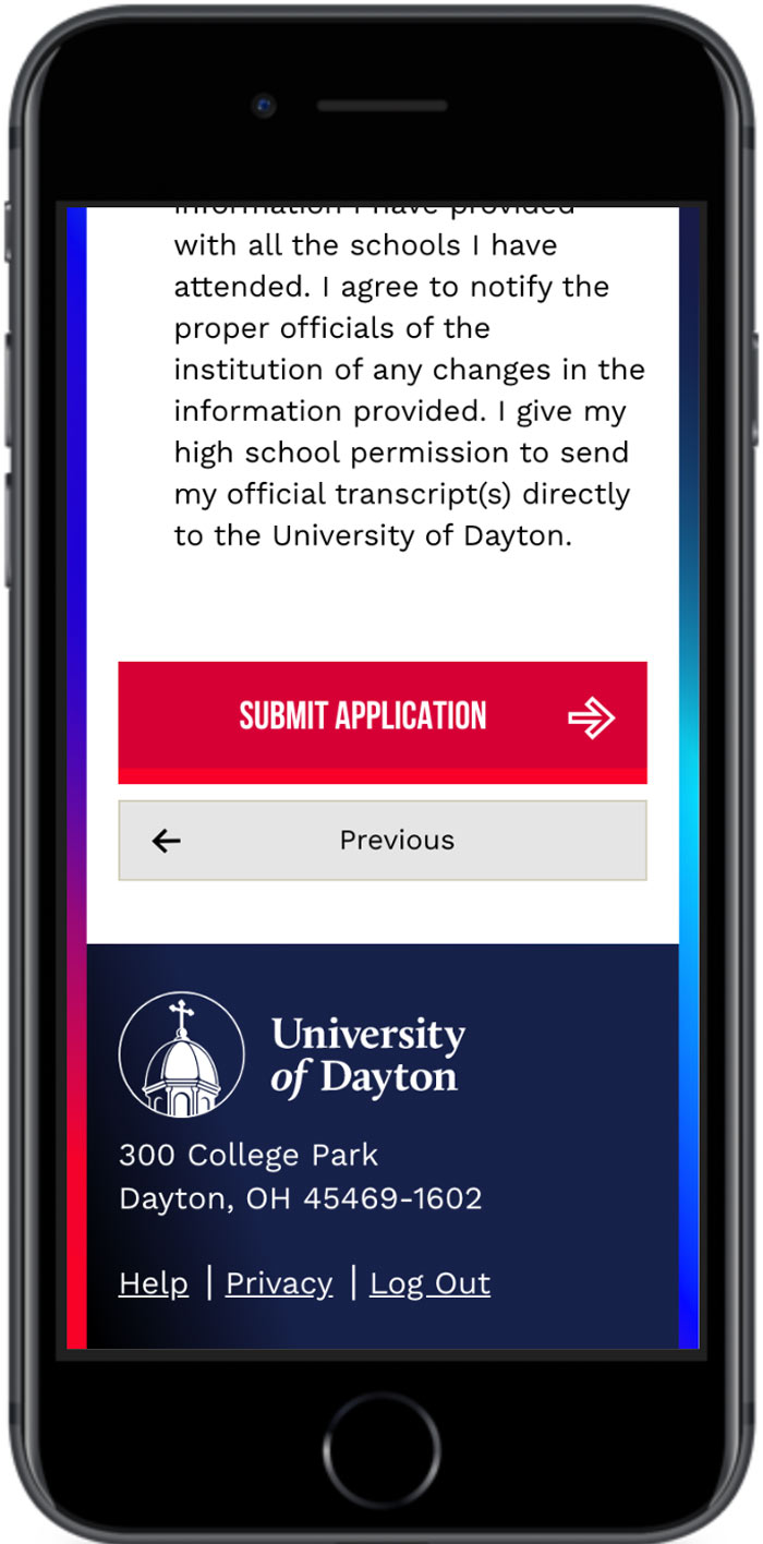 University of Dayton Application bottom navigation mobile view