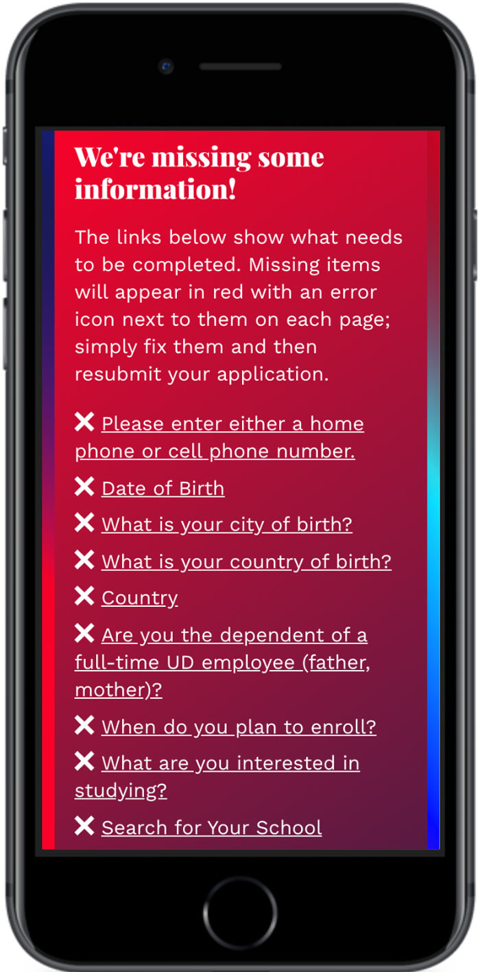 University of Dayton Application error validation mode mobile view