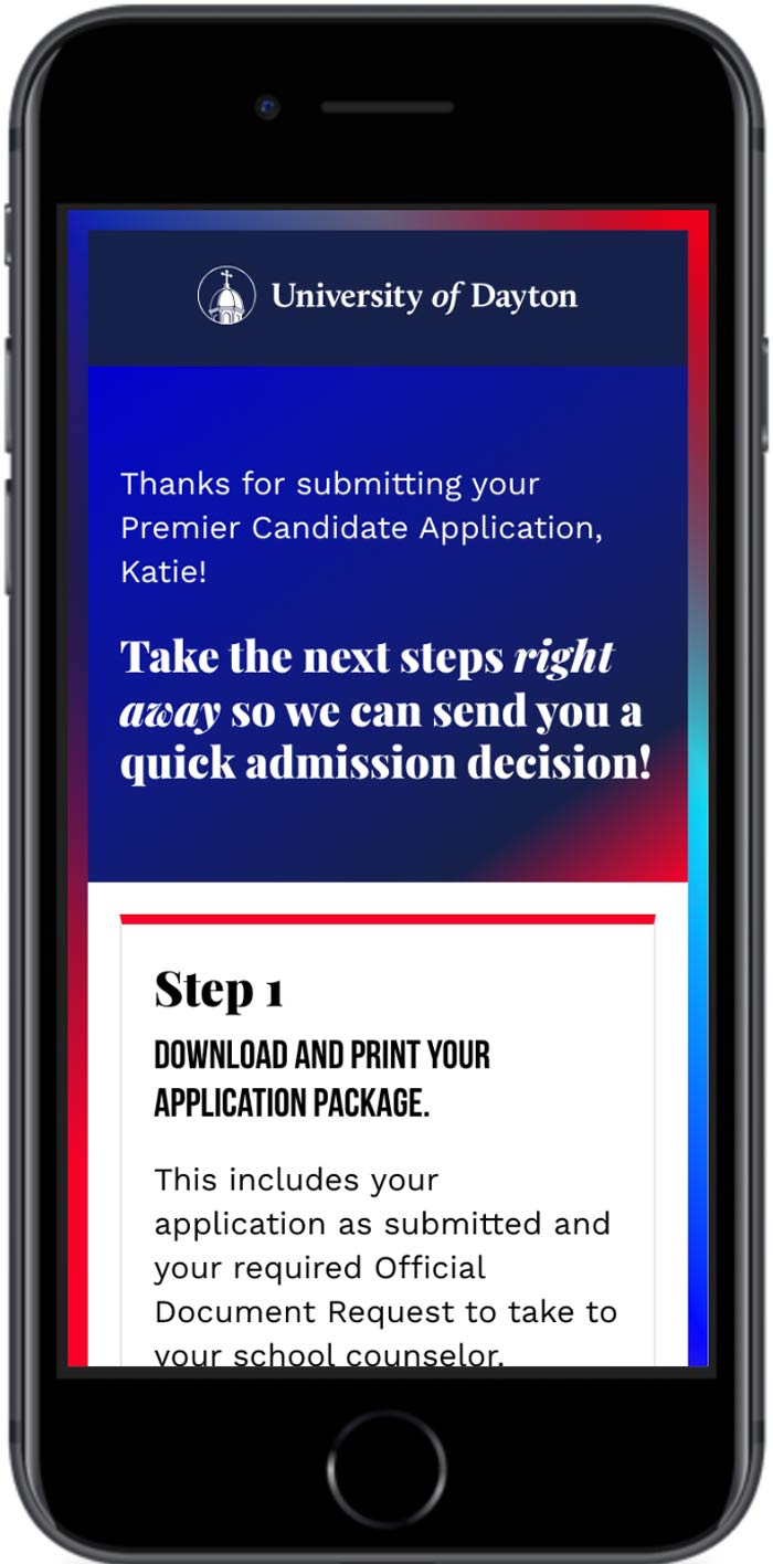 University of Dayton Application Completion page header mobile view
