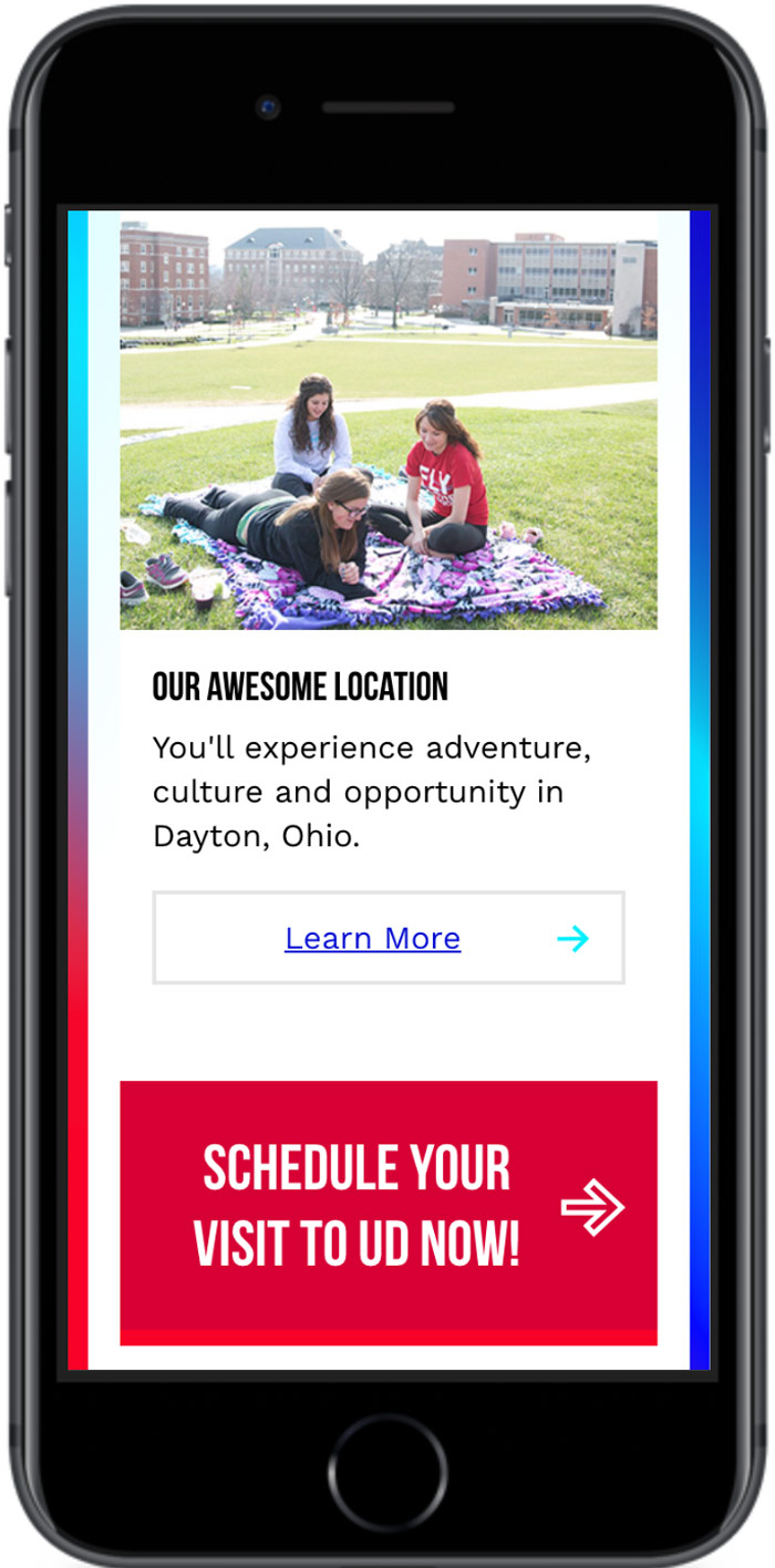 University of Dayton Application Completion Page school content links mobile view