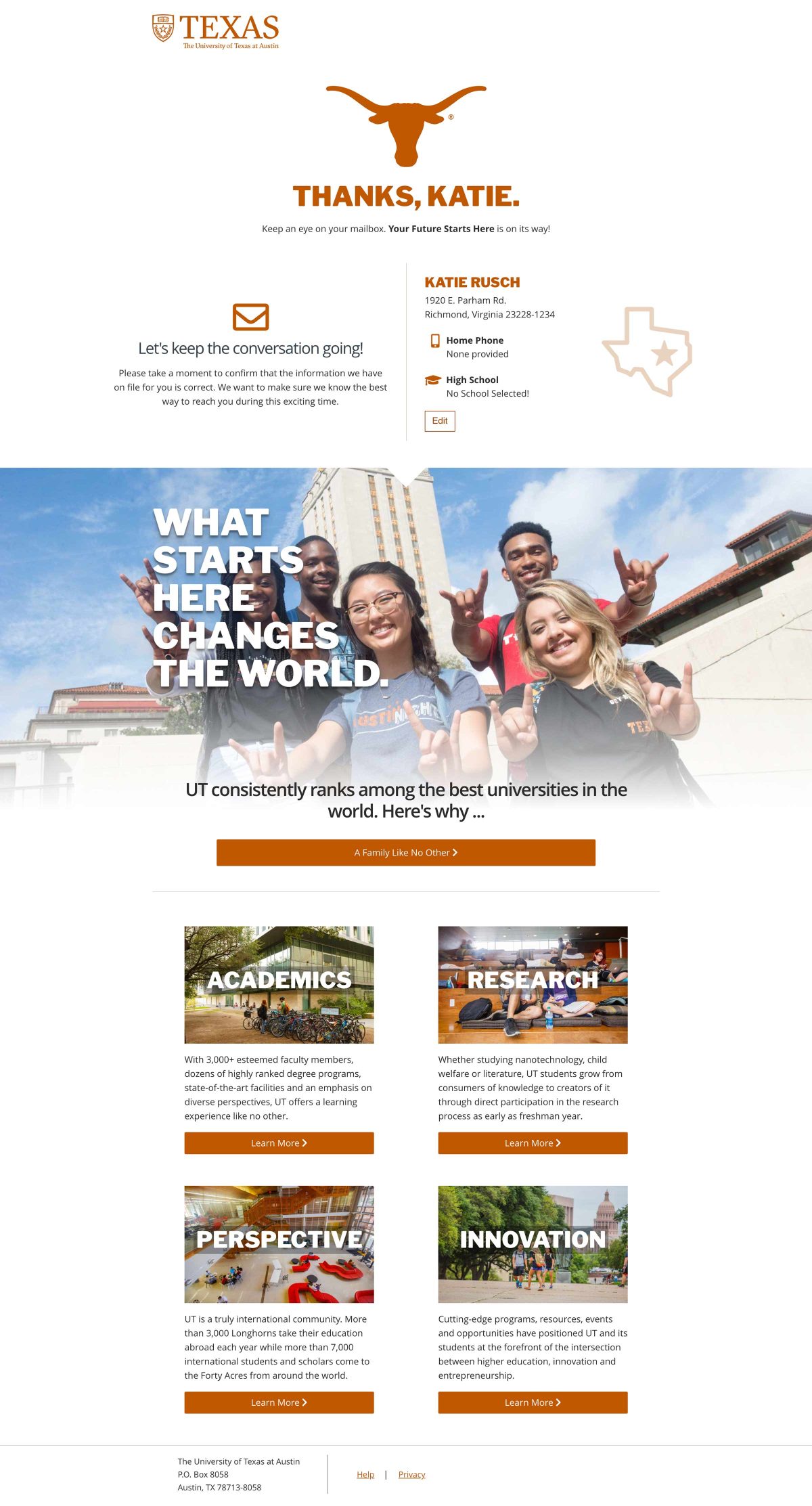 University of Texas at Austin Search thanks page