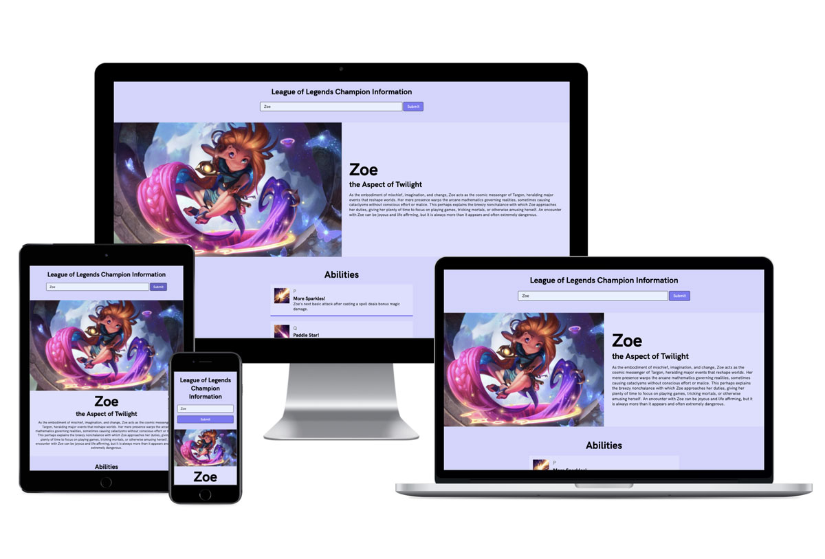 League of Legends Character look up site mocked up on different sized devices