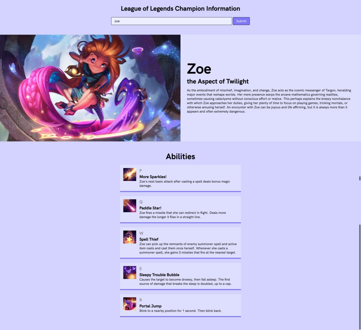 League of Legends site with data about Zoe pulled up