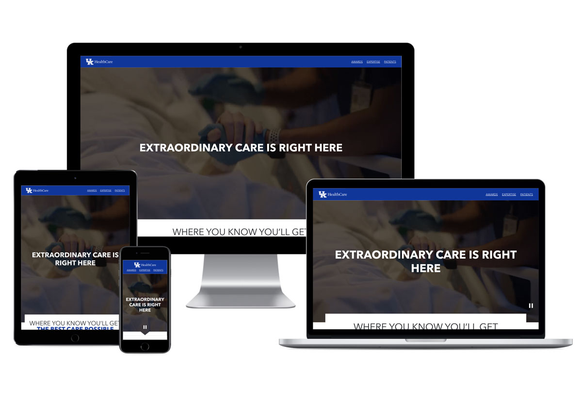 UK HealthCare Extraordinary Care Starts Here site mocked up on different devices